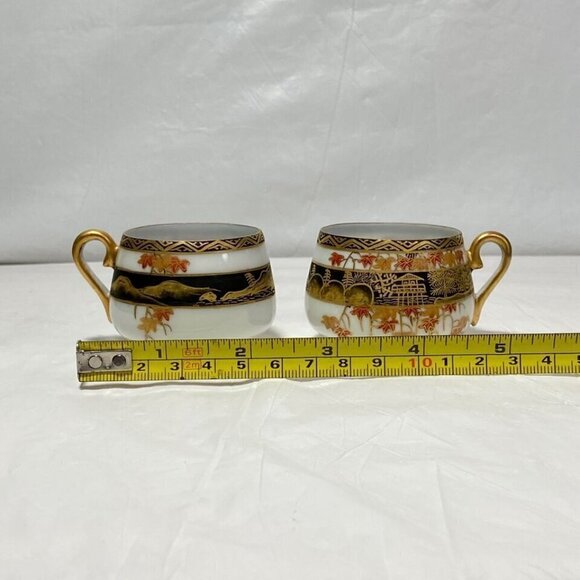 Japanese Lithophane Eggshell Fine Porcelain Red Gold Pagoda Geisha Girl (2) Cups - Picture 4 of 16